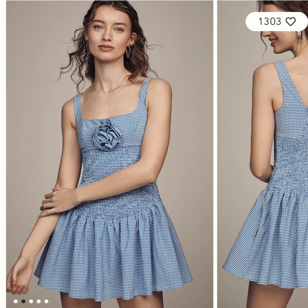 Maeve Blue Gingham Mini Dress with Floral Detail